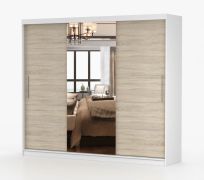 Kleiderschrank / Schiebetürenschrank mit Spiegel | 218 x 250 x 61 cm | Weiß / Eiche | Cevennen 08 | 3 Türen | 12 Fächer | viel Stauraum | Holzoptik