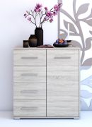 Anrichte / Kommode | Eiche | Comarca 03 | 96 x 90 x 45 cm | 1 Türe | 4 Schubladen | 3 Fächer |  Einfarbig | Griffe silberfarben | schlicht | Holzoptik