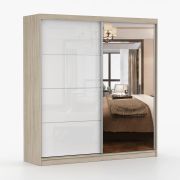 Schiebetürenschrank / Kleiderschrank mit Spiegel | Weiß / Eiche | Gorski 56 | 218 x 233 x 61 cm | 2 Türen | 12 Fächer | viel Stauraum | Griffe: Metall