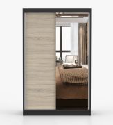 Schiebetürenschrank / Kleiderschrank | 200 x 120 x 61 cm | Sonoma Eiche / Schwarz | Rudawy 06 | 2 Türen | 1 Kleiderstange | 6 Fächer | mit Spiegel