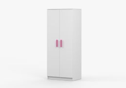 Kleiderschrank / Drehtürenschrank | Weiß | Smolikas 66 | 2 Türen |1 Kleiderstange | Holzgriffe in rosa | 5 Fächer | 192 x 80 x 50 cm | eckig