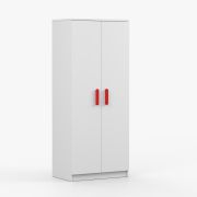 Drehtürenschrank / Kleiderschrank  | 192 x 80 x 50 cm | Weiß | Smolikas 69 | 2 Türen | Kleiderstange | rote Holzgriffe | 5 Fächer | viel Ablagefläche