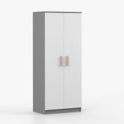 Kleiderschrank / Drehtürenschrank | Smolikas 63 | Weiß / Grau | 2 Türen | 192 x 80 x 50 cm | braune Holzgriffe | 5 Fächer | 1 Kleiderstange