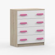 Kommode 80 cm breit| Weiß / Sonoma Eiche | Smolikas 02 | rosa Holzgriffe | 90 x 80 x 40 cm | 4 Schubladen | Kinder | Jugend