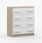 Kommode 80 cm breit | 90 x 80 x 40 cm | Weiß / Sonoma Eiche | Smolikas 09 | 4 Schubladen | weiße Holzgriffe | Zweifarbig | Kinder | Jugend