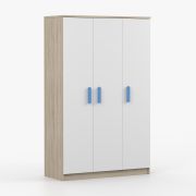Drehtürenschrank / Kleiderschrank Weiß / Sonoma Eiche | Smolikas 102 | Holzgriffe | 192 x 120 x 50 cm | 3 Türen | 9 Fächer | 1 Kleiderstange
