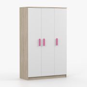 Kleiderschrank / Drehtürenschrank | Holzgriffe | Weiß / Sonoma Eiche | Kleiderstange | 192 x 120 x 50 cm | Smolikas 101 | 3 Türen | 9 Fächer