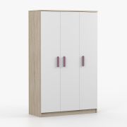 Kleiderschrank / Drehtürenschrank | Holzgriffe | 192 x 120 x 50 cm | 9 Fächer | Kleiderstange | Weiß / Sonoma Eiche | Smolikas 105 | 3 Türen