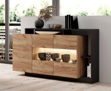 Kommode | Farbe: Eiche Gold Craft / Anthrazit | 2 Glastüren | 1 Holztür | 155 x 44 x 94 cm | 5 Fächer | Sideboard | griffloses System | ABS-Kanten
