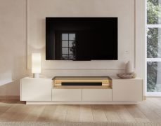 TV-Unterschrank | Farbe: Beige / Eiche Cremona | 2 Drehtüren | inkl. LED-Beleuchtung | 3 Fächer | 203 x 40 x 43 cm | Push-to-open Funktion | TV-Board | 2 Schubladen