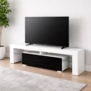 TV-Unterschrank Zolvini | Weiß/Schwarz Hochglänzend | 140 x 35 x 47,5 cm| großes Kippfach | Push to Open | Robust & Langlebig | vollständig lackiert