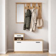 Garderobe Komplett - Set Kelvini | Farbe: Sonoma / Weiß | Schuhschrank mit 3 Fächern und Schublade| Garderobe mit Spiegel | 6 Haken | viele Ablageflächen