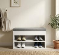 Sitzbank mit Stauraum / Schuhschrank 60 | Farbe: Nimfea alba | 2 Fächer | weicher grauer Stoffbezug | 60 x 32 x 48,6 cm | Sitzbank zum aufklappen