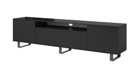 Dunkler TV-Unterschrank mit drei Türen Zapopan 115, ein Kabelloch, Push-to-open Funktion, Farbe: Schwarz, Maße: 56 x 180 x 40 cm, sehr hochwertig