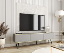 Langes TV-Board / TV-Möbel mit drei Kippfächer Horsham 36, Farbe: Grau, Push-to-open Funktion, hängend montierbar, Beine: Schwarz, ABS-Kantenschutz