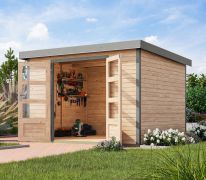 Pultdach Gartenhaus, Fichte natur/graualuminium, wetterfestes Trapezblechdach, robuste metallverstärkte-Ecken, Zylinderschloss, langlebig, 2,98x2,42m