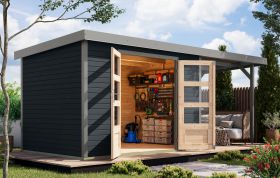 Holz Gartenhaus Anbaudach aus Holz, Fichte anthrazit / Trapezblechdach graualuminium,, robust und wartungsarm, Doppelflügeltür, 2,98 × 2,13 m