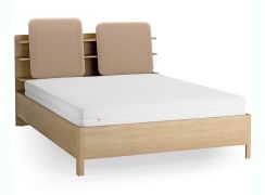 Doppelbett | 160 x 200 cm | Farbe: Eiche / Taupe | gepolsterte Kopfstütze | vier offene Regale | Behälter hinter Rückenlehne | inkl. Lift up Lattenrost