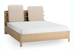 Doppelbett | Farbe: Eiche / Beige | gepolsterte Kopfstütze | vier offene Regale | Behälter hinter Rückenlehne | 180 x 200 cm | inkl. Lattenrost