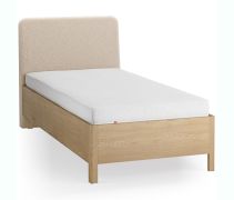Einzelbett | Farbe: Eiche / Beige | Eiche massiv | weich gepolsterte Kopfstütze | 90 x 200 cm | Gästebett | inkl. Lattenrost | dezent abgerundete Form