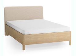 Doppelbett | Farbe: Eiche / Beige | Eiche massiv | 140 x 200 cm | dezent abgerundete Form | Gästebett | inkl. Lattenrost | weich gepolsterte Kopfstütze
