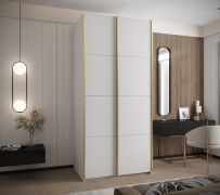 Kleiderschrank / Schiebetürenschrank | 2 Schiebetüren | 2 Kleiderstangen | 245,5 x 110 x 64 cm | 6 Fächer | ABS-Kantenschutz | Farbe: Weiß | Soft-Close