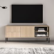 TV-Board | Farbe: Eiche Lindberg | 2 Schubladen | 3 Fächer | Push-to-open Funktion | inkl. LED-Beleuchtung | 1 Glastür mit Aluminiumrahmen | 160 x 40 x 59 cm | TV-Schrank