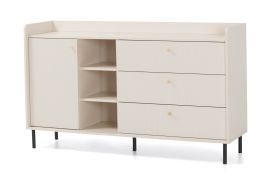 Kommode | 3 Schubladen | Farbe: Beige mit Holzstruktur | 5 Fächer | Maße: 153,5 x 42 x 91 cm | 1 Tür | Beine & Griffe: Metall | Sideboard | für Wohnzimmer