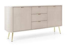 Kommode Makreb 11 in Kaschmir mit gefräßten Fronten, 87 x 168 x 39 cm, Soft Close, 3 Schubladen, Beine aus Metall in Gold, 4 Fächer, 2 Türen, ABS 