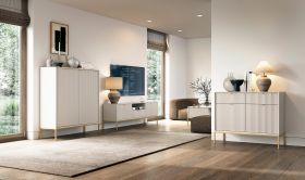 Wohnzimmer Komplett - Set T Worthing, 4-teilig, Farbe: Kaschmir, ABS-Kanten, Griffe & Beine: Gold, zwei Kommoden, ein TV-Unterschrank, ein Couchtisch