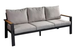 Gartenlounge Sofa 3-Sitzer Lissabon aus Aluminium, Farbe: anthrazit, Stoff: hellgrau, Armlehnen mit wetterfesten Verbundwerkstoff in Holzoptik, 100 mm starke Polsterung - wasserdicht