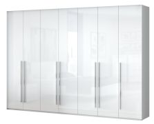 Drehtürenschrank / Kleiderschrank Siumu 26, Farbe: Weiß / Weiß Hochglanz - 224 x 317 x 56 cm (H x B x T)