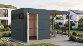 Gartenhaus Lounge Frankfurt 01 mit Dachanbau | Schleppdach | Grundfläche 10,5 m² |  Grau / Anthrazit | Elementgartenhaus | HPL-Fassadenplatten