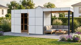 Gartenhaus Lounge Frankfurt 02 mit Dachanbau | Schleppdach | HPL-Fassadenplatten | Grundfläche 13,12 m² |  Weiß / Anthrazit | Elementgartenhaus