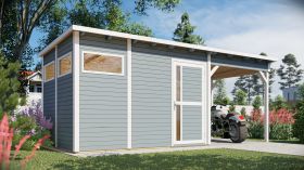 Gartenhaus Kiel 03 mit Anbaudach inkl. Fußboden, Hellgrau lackiert - 19 mm Elementgartenhaus, Nutzfläche: 7,70 m², Flachdach