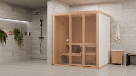 Indoor-Sauna Ruhetraum 02 | 183 x 154 cm | Elementsauna | Höhe 201 cm | Glastür aus gehärtetem Sicherheitsglas | Fensterelemente mit 2-fach-Verglasung | inkl. Banksystem