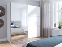 Spiegeltürenschrank Lamia, 6 Fächer, 1 Kleiderstange, für Schlafzimmer, Kleiderschrank mit Spiegeltür, 2 Schiebetüren, 2 Meter breit, Weiß segmentiert