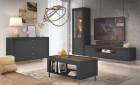 Wohnzimmer Komplett - Set O Barbe, mit dunklem Design, 4-teilig, Farbe: Schwarz matt, ABS-Kantenschutz, mit goldenen Griffen