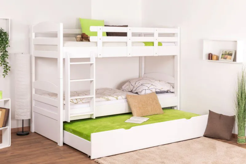 Stockbett für Erwachsene "Easy Premium Line" K21/h inkl. Liegeplatz und 2 Abdeckblenden, Kopf- und Fußteil gerundet, Buche Vollholz massiv Weiß - Liegefläche: 90 x 200 cm, teilbar