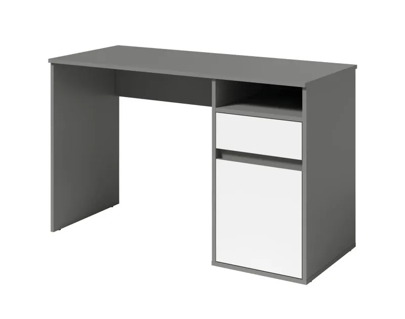 Dunkler Schreibtisch mit hellen Fronten Agia 03, eine Schublade, Farbe: Grau / Weiß, eine Tür, ein offenes Fach, modernes Design, Maße: 74 x 120 x 50 cm