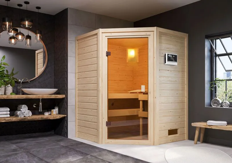 Sauna "Henrik" SET mit bronzierter Tür - Farbe: Natur, Ofen externe Steuerung easy 9 kW - 145 x 145 x 187 cm (B x T x H)