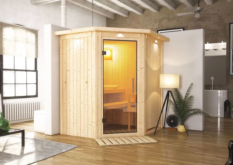 Sauna "Kjell" mit Klarglastür und Kranz - Farbe: Natur - 184 x 165 x 202 cm (B x T x H)