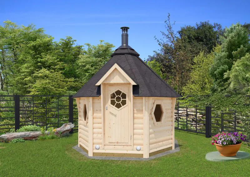 Saunahaus Eisenhut 14 - Abmessungen:  308 x 267 x 265 (B x T x H), Grundfläche: 6 m², Zeltdach