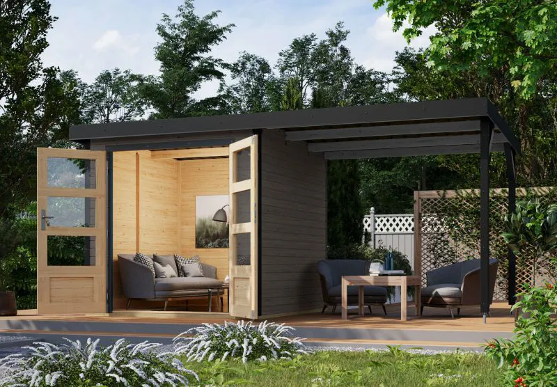 Holz Gartenhaus Anbaudach robust in terragrau/anthrazit, nordische Fichte, Doppelflügeltür mit Schloss, wasserabweisendes Trapezblechdach, 4,45 m²