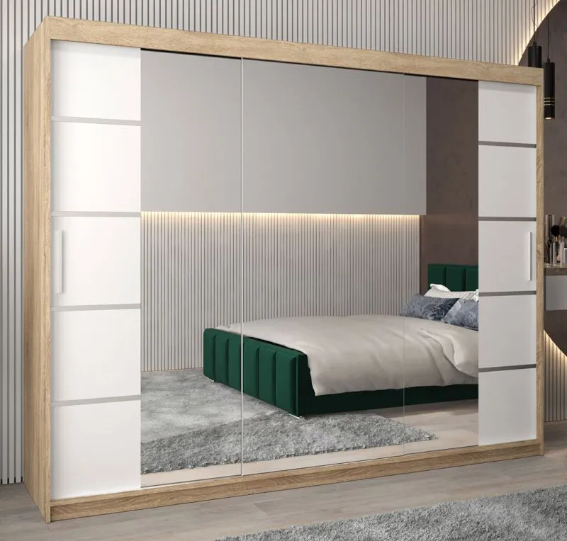 Großer 250 cm breiter Kleiderschrank mit 3 Türen | 10 Fächer | Farbe: Sonoma Eiche / Weiß Abbildung