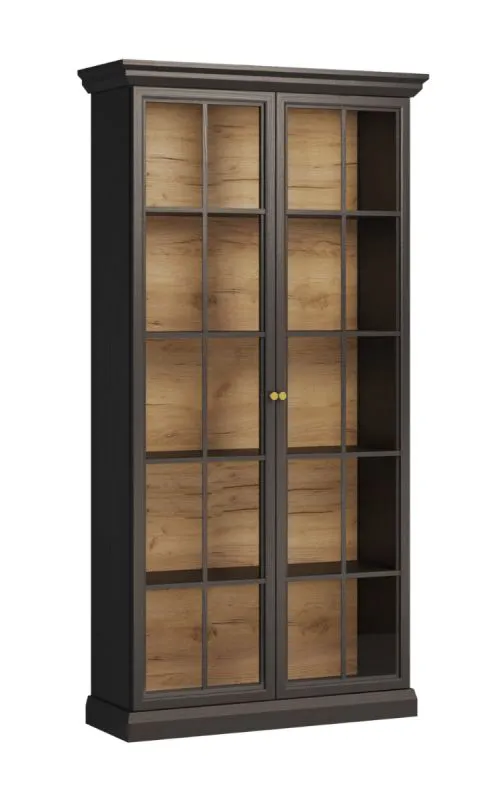 Vitrine Torsakala 19, Schwarz Graphit, 2 Glastüren, 3 Einlegeböden, 5 Fächer, 200 x 103 x 41 cm, ABS, Griffe aus Metall