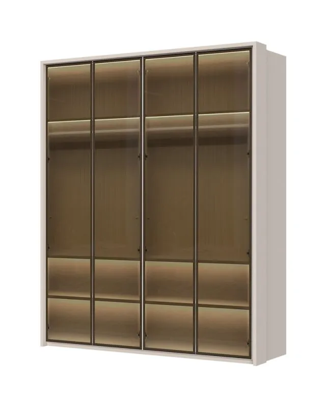 Kleiderschrank mit vier Glastüren Neiafu 39, inkl. Innenbeleuchtung, zwei Schubladen, Farbe: Kaschmir, Soft-Close-Funktion, Maße: 226 x 187 x 60 cm