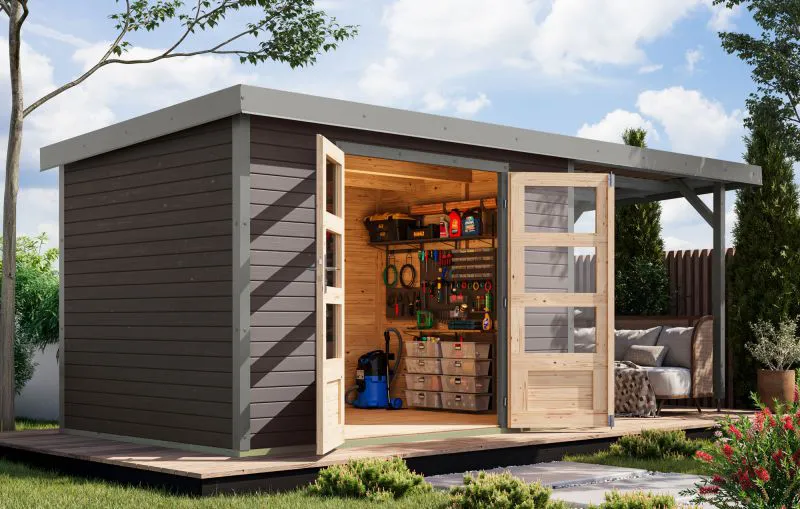 Holz Gartenhaus Anbaudach mit metallverstärkte-Ecken, Fichte terragrau/graualuminium, Trapezblechdach witterungsbeständig, Doppelflügeltür, 6,35 m²