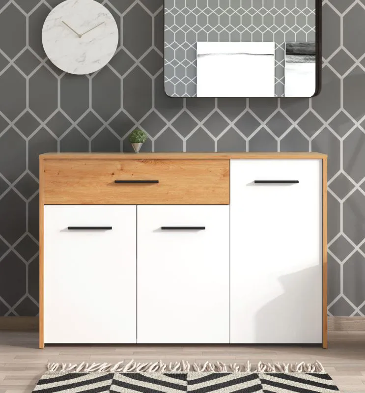 Sideboard / Kommode mit drei Türen Brus 04, Farbe: Eiche Artisan / Weiß, eine Schublade, vier Fächer, ABS-Kanten, Maße: 80,5 x 119 x 33 cm, für Wohnzimmer