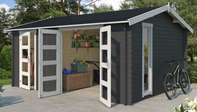 Gartenhaus G268 Carbongrau - 28 mm Blockbohlenhaus, Grundfläche: 15,96 m², Satteldach